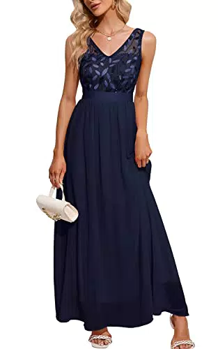 MODECRUSH Abendkleider Damen Maxi Cocktailkleid Pailetten Ballkleid V-Ausschnitt Ärmellos A-Linie Spitzen Musselin Leicht und Luftig für Hochzeitsgäste Brautjungfern