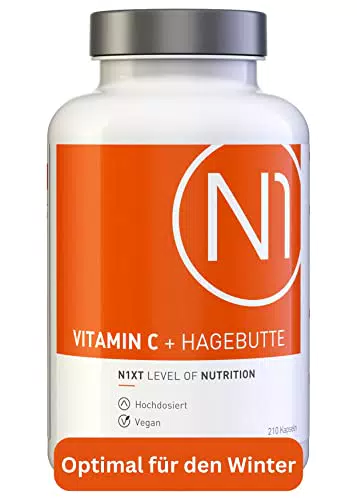 N1 Vitamin C 500 mg + Hagebutte - 210 VEGANE Kapseln - Premium Vitamin C hochdosiert - Vitamin C Kapseln - Ascorbinsäure Vitamin C