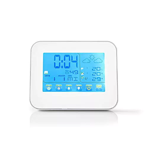 NEDIS - Wetterstation - Drahtloser Sensor - Wecker - Wettervorhersage Innen- und Außen - Schlank und Elegant - 2 x AA-Batterien - 433-MHz-Frequenzsignal - Mitgelieferten 230-V-Adapter - Weiß