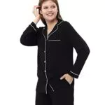 nolihoo Schlafanzug Damen Langarm Set Pyjama mit Knopfleiste Zweiteiliger Lang Nachtwäsche Lang Hose und Tops Weich Damen Lounge Sets Hausanzug XL Schwarz