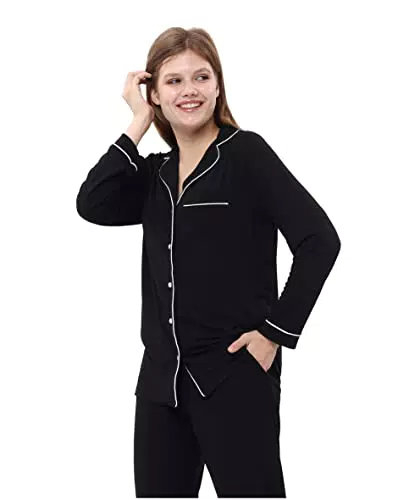 nolihoo Schlafanzug Damen Langarm Set Pyjama mit Knopfleiste Zweiteiliger Lang Nachtwäsche Lang Hose und Tops Weich Damen Lounge Sets Hausanzug XL Schwarz