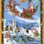 Nostalgischer Adventskalender/Weihnachtskalender für Kinder und Erwachsene mit Bildern und Glitzer Weihnachtsmann im Schlitten