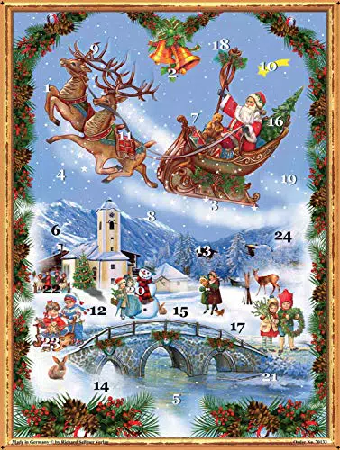 Nostalgischer Adventskalender/Weihnachtskalender für Kinder und Erwachsene mit Bildern und Glitzer "Weihnachtsmann im Schlitten"