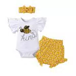 Odizli Neugeborenen Set Sommer Baby Kleidung Mädchen Frühchenkleidung Drucken Kurzarm Strampler Body+Frucht Shorts+Bowknot Stirnband 3tlg Bekleidungssets 1. Geburtstag Babykleidung Biene 9-12 Monate