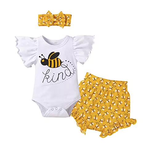 Odizli Neugeborenen Set Sommer Baby Kleidung Mädchen Frühchenkleidung Drucken Kurzarm Strampler Body+Frucht Shorts+Bowknot Stirnband 3tlg Bekleidungssets 1. Geburtstag Babykleidung Biene 9-12 Monate