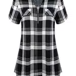 Odosalii Damen V-Ausschnitt Kariert Bluse 3/4 Ärmel Langarm Reißverschluss Tunika Longshirt Hemd Tops T-Shirt B_schwarz Kariert_kurzarm