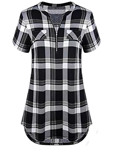 Odosalii Damen V-Ausschnitt Kariert Bluse 3/4 Ärmel Langarm Reißverschluss Tunika Longshirt Hemd Tops T-Shirt B_schwarz Kariert_kurzarm