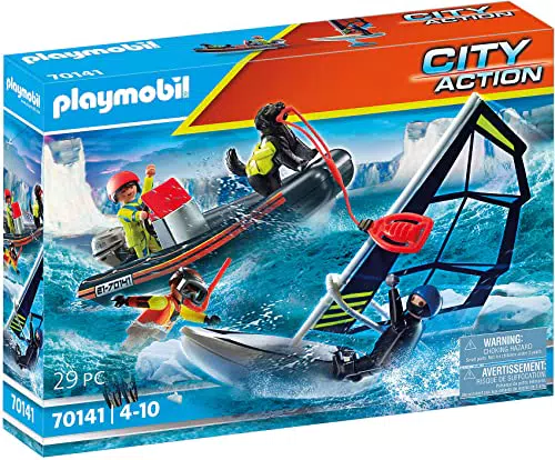 PLAYMOBIL City Action 70141 Water Rescue with Dog, with Floatable Inflatable Boat and Surfboard