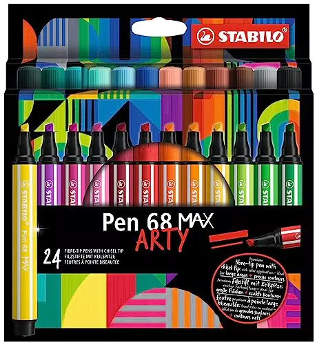 Premium-Filzstift mit dicker Keilspitze - STABILO Pen 68 MAX - ARTY - 24er Pack - mit 24 verschiedenen Farben