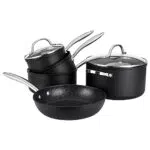 Prestige Scratch Guard Topfset Induktion mit Schmortopf und Bratpfanne - Aluminium - Kratzfest - Ofen- & Spülmaschinenfest - 5-teiliges Kochgeschirr Set Schwarz - 10 Jahre Garantie
