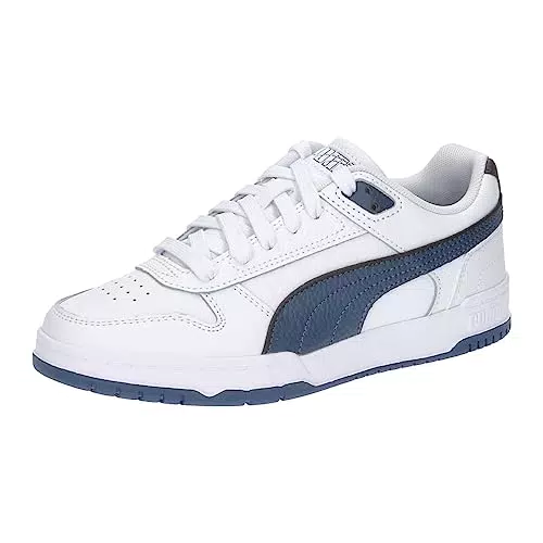 PUMA RBD Game Low JR Sneaker, White-Inky Blue-Dark Coal Team Gold