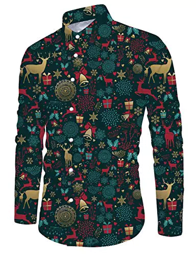 RAISEVERN Herren Santa Reindeer Bedrucktes Weihnachtshemd Xmas Bells Fenstergitter Dekoration Lässig Lange Ärmel Herbst Winter Grün Weihnachten Oberteil Funky Dress Shirts