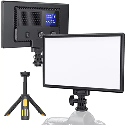 RALENO 116 LED Kamera Video Licht, 12W 600Lux Videoleuchte mit Mini-Stativ und Eingebauter 4000mAh Akku CRI95+ 3200-5600K