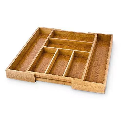Relaxdays Besteckkasten verstellbar H x B x T: ca. 5 x 48 x 46 cm Schubladeneinsatz aus Bambus mit 5 bis 7 Fächern als Besteckeinsatz und Küchenorganizer große Besteckeinlage für die Schublade