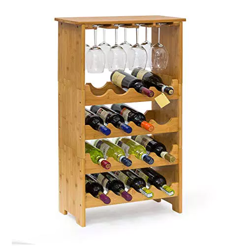 Relaxdays Weinregal aus edlem Bambus H x B x T: ca. 84 x 50 x 24 cm Weinhalter für 16 Flaschen und 12 Gläser Flaschenregal aus 3 Teilen mit Glashalter und Ablage Weinflaschenregal zum Stapeln