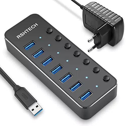 RSHTECH USB Hub Aktiv 3.0 mit Netzteil, Aluminium USB 3.0 mit B 3.0 Ports