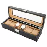 Salmue 6 Gitter Uhr Aufbewahrungsbox, PU Kohlefaser Ledertasche Luxusleder Display Aufbewahrungskoffer