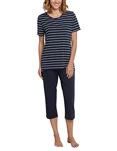 Schiesser Damen 3/4 Lang Zweiteiliger Schlafanzug, Blau