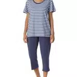 Schiesser Damen Schlafanzug 3/4, 1/2 Arm Pyjamaset, blau gestreift