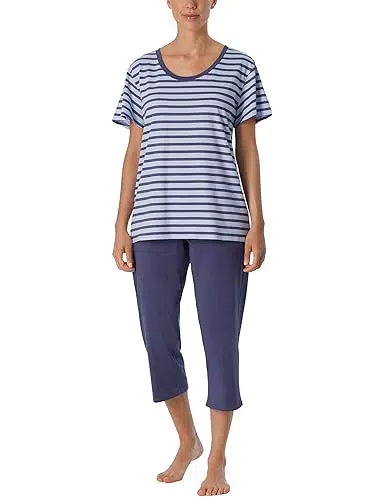 Schiesser Damen Schlafanzug 3/4, 1/2 Arm Pyjamaset, blau gestreift