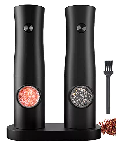 SENZER Salz und Pfeffermühle, Batteriebetrieben Salz und Pfeffermühle Elektrisch mit Basis，Einstellbar Grob Pfeffermühle mit Licht 2 Stück Schwarz