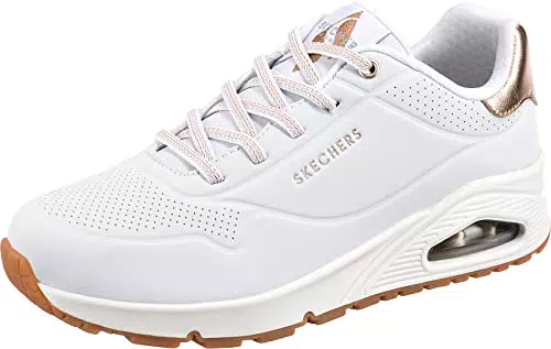 Skechers Damen Uno Shimmer Away sneakers, White Durabuck Rose Gold Duraleather Trim