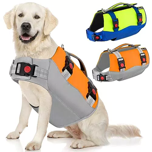 SlowTon Schwimmweste für große Hunde, starker Auftrieb verstellbare Ripstop Rettungsweste mit reflektierendem Rettungsgriff