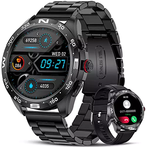 Smartwatch Herren mit Telefonfunktion, 1.32 Zoll HD Voll Touchscreen Armbanduhr Herren Smartwatch mit Pulsmesser Schlafmonitor Schrittzähler
