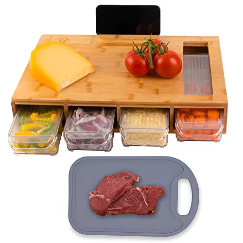 STERNEKOCH Bambus Schneidebrett Mit Auffangschale - Premium Qualität - INKL. PP Schneidebrett Antibakteriell - Mit Handyhalterung - Cutting Board 40x30x8cm -