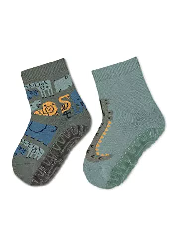 Sterntaler Baby Jungen Fliesen Socken Baby Fli Fli AIR Doppelpack Dschungel - Fliesen Rutsch Socken Baby - aus Baumwolle - dunkelgrün