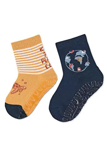 Sterntaler Baby Jungen Fliesen Socken Baby Fli Fli AIR Doppelpack Planet und Erde - Fliesen Rutsch Socken Baby - aus Baumwolle - gelb