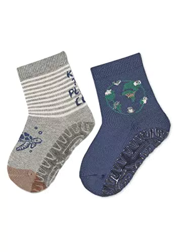 Sterntaler Baby Jungen Fliesen Socken Baby Fli Fli AIR Doppelpack Planet und Erde - Fliesen Rutsch Socken Baby - aus Baumwolle - hellgrau