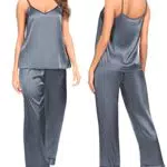 SWOMOG Satin Damen Schlafanzug Lang Schlafhose Zweiteiliger Nachtwäsche Pyjamas Set Cami Hausanzug Seide Pyjama Frauen Pj Sets