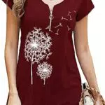 Teesho T-Shirt Damen Lang Bedrucken Kurzarm Oberteile Motiv Tunika Shirt Pusteblume Drucken Lose V-Ausschnitt Tshirt Mit Reißverschluss Bluse Top