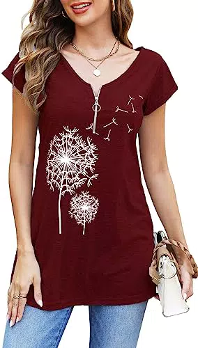 Teesho T-Shirt Damen Lang Bedrucken Kurzarm Oberteile Motiv Tunika Shirt Pusteblume Drucken Lose V-Ausschnitt Tshirt Mit Reißverschluss Bluse Top