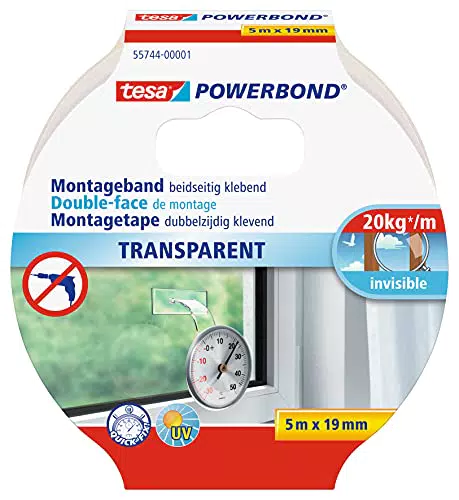 tesa Powerbond Montageband Transparent - doppelseitiges Klebeband - durchsichtiges Montage-Klebeband - transparent