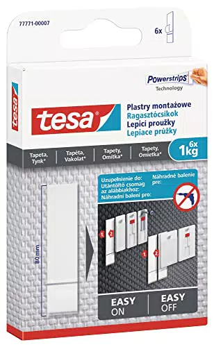 tesa Powerstrips Tapete&Putz - doppelseitige Klebestreifen für Tapete und Gips - Ersatz-Klebestreifen für den tesa Klebenagel - Haltekraft 1