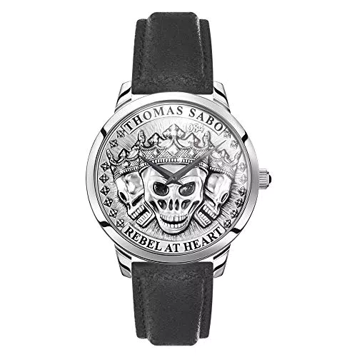 Thomas Sabo Herren Armbanduhr Rebel Spirit 3D Totenköpfe Analog Quarz Edelstahl Lederband WA0355-203-201-42 MM