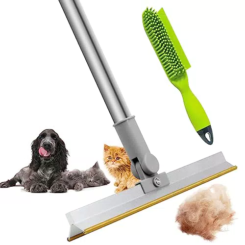 Tierhaarentferner mit Teleskopstiel 147cm & Innovativem Metallrand Teppichrechen Fusselentferner + Silikon-Haustiere Haarbürste