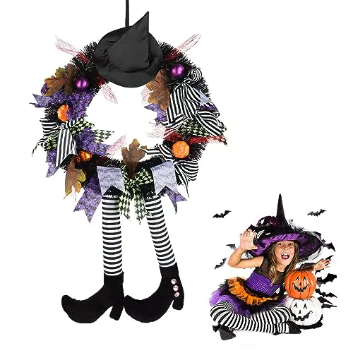 Timiyou Halloween Deko Türkranz Ø 35cm Hexenkranz Hexen Hut Bein Kürbis Kranz Gesamthöhe 60cm Willkommenskranz Halloween Deko Innen Outdoor für Haustür