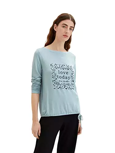 TOM TAILOR Damen 1034521 Langarmshirt mit Print, 30914 - Tourmaline Melange