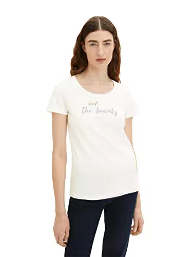 TOM TAILOR Damen 1036193 T-Shirt mit Print, 10315 - Whisper White