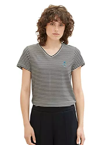TOM TAILOR Damen 1036889 T-Shirt mit Stickerei, 32152-Black Thin Stripe
