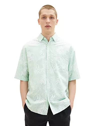 TOM TAILOR Denim Herren Hemd 1037040, 31421 - Green Leaf Lines Print