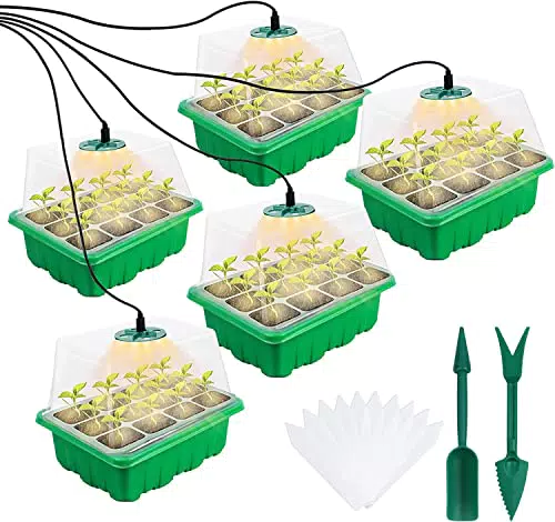 TOUTBIEN Zimmergewächshaus Anzuchtkasten, Neu 5 Stück 60 Zellen Mini Gewächshaus Anzucht Set mit Pflanzenlampe LED Vollspektrum