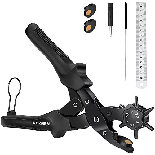 Ueznirn Gürtellochzange Heavy Duty Revolverlochzange Hebelübersetzung Lochzange Gürtel - Leder Locher mit 2 Extra Punch Platten