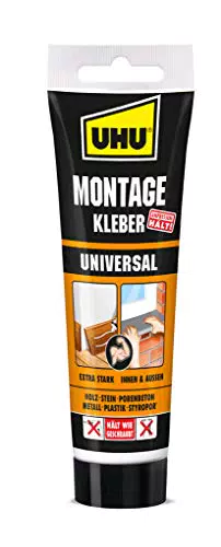 UHU Montagekleber UNIVERSAL Tube, Extra starker, lösungsmittelfreier Montagekleber auf Acrylatdispersion-Basis weiß