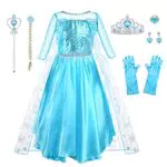 URAQT ELSA Kostüm Kinder Mädchen, 9-teiliges Set ELSA Kleid Kinder mit Krone Diadem Handschuhe Zauberstab für Weihnachten Verkleidung Karneval Halloween Geburtstag Party