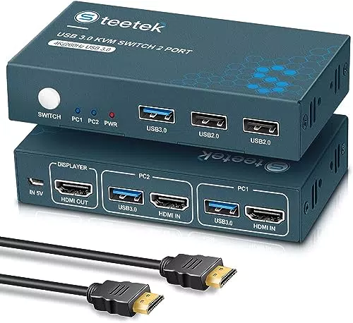 USB3.0 KVM Switch HDMI 2 Port, Steetek 4K@60Hz 2 PC 1 Monitor Switch