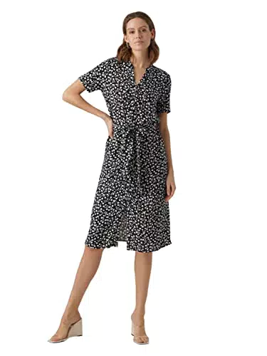VERO MODA Damen Midi Blusen Kleid Kurzarm V-Ausschnitt Tunika Dress mit Knopfleiste & Gürtel VMVICA